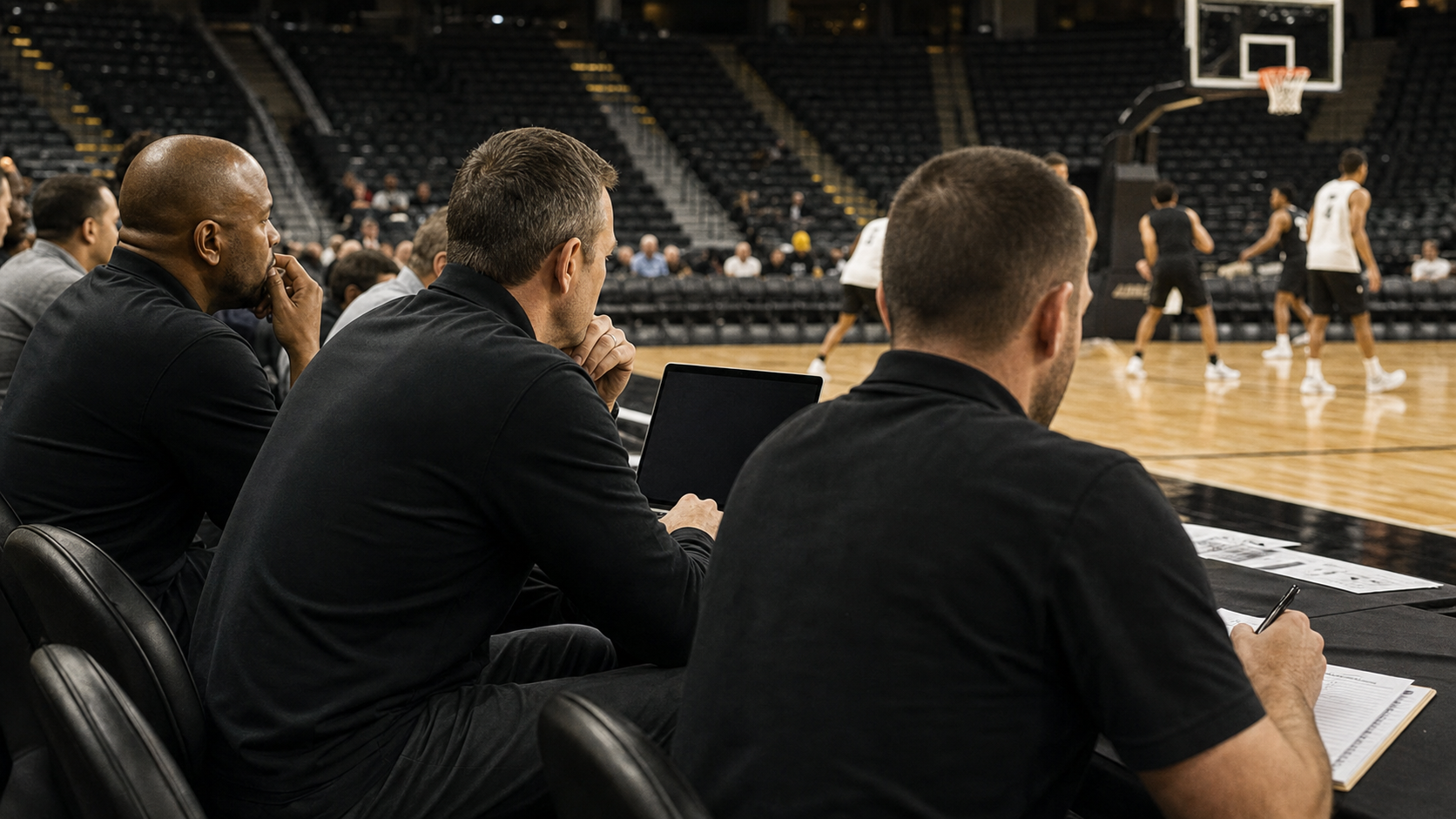 Basketball staff evaluating play courtside