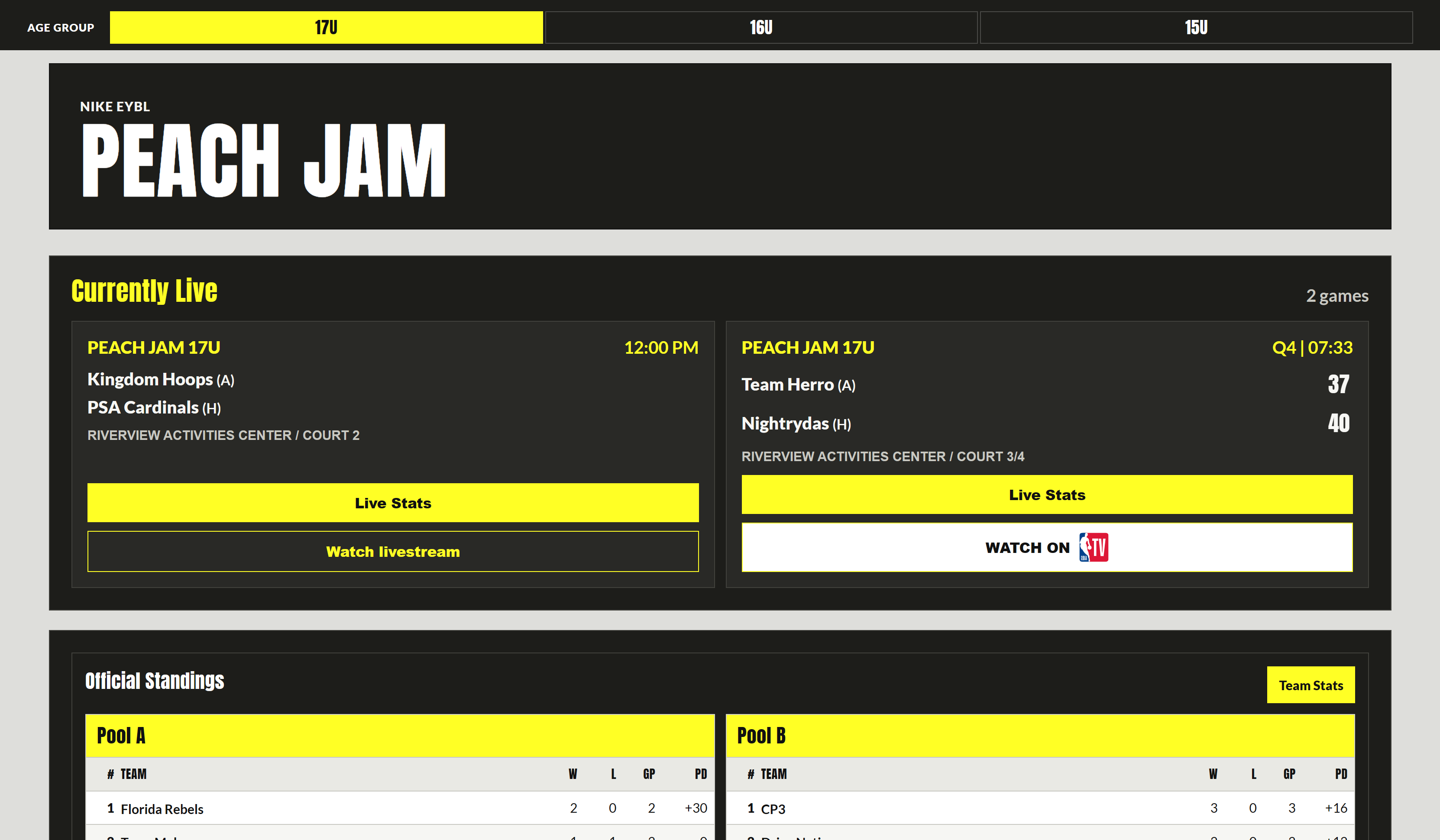 A basketball event hub with live games, standings, and player information