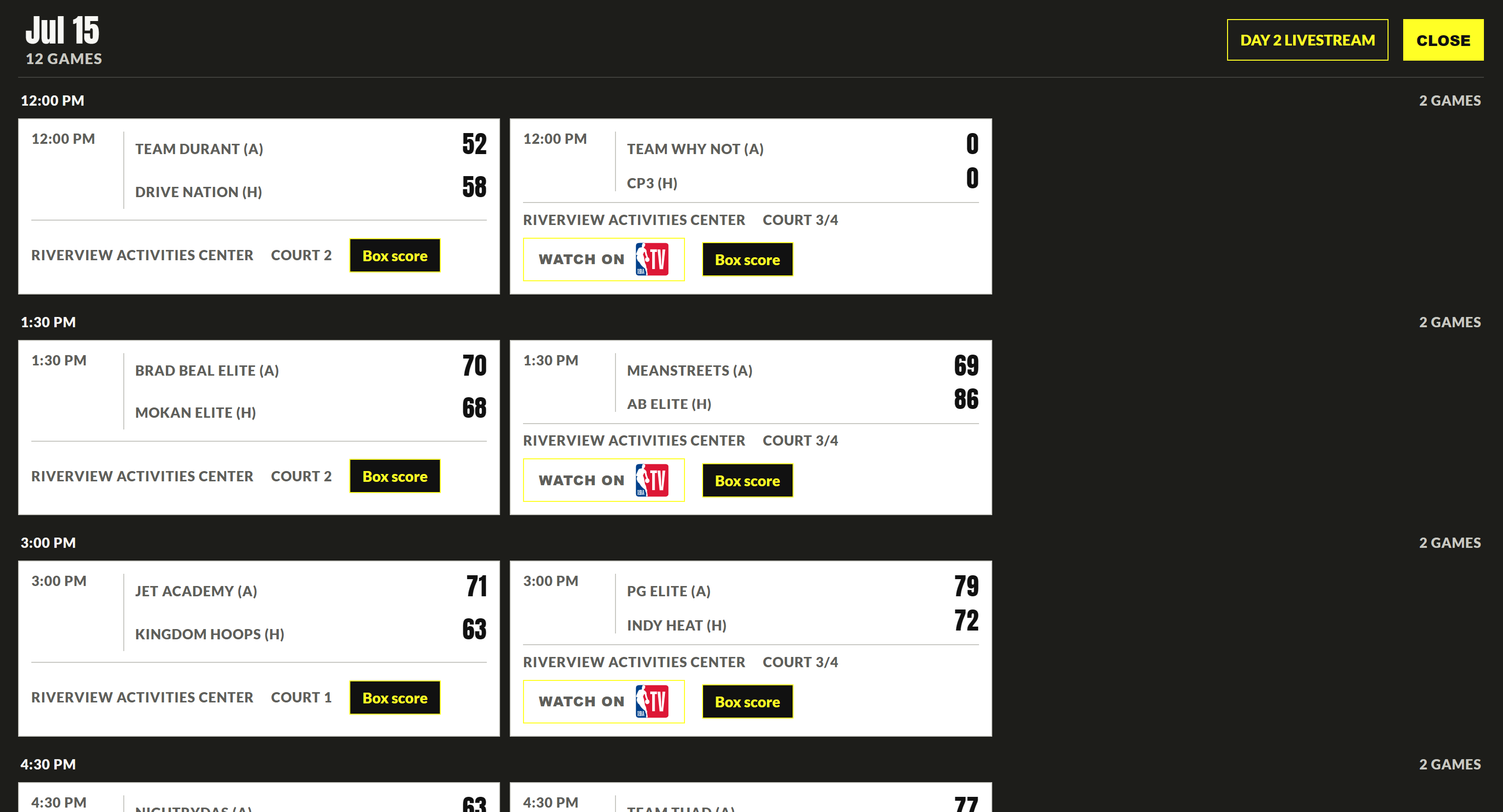 A basketball event schedule with box score links across multiple courts
